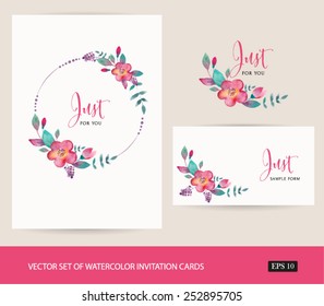 Vector set of invitation cards with watercolor flowers elements and calligraphic letters. Wedding collection