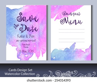 Vector set of invitation cards with watercolor background. Wedding collection. Save the date card design.