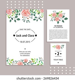 Vector set of invitation cards with watercolor flowers elements. Wedding collection