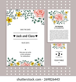 Vector set of invitation cards with watercolor flowers elements. Wedding collection