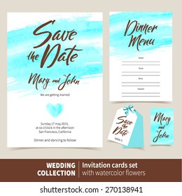 Vector set of invitation cards with watercolor elements. Wedding collection of template: Save the Date, Dinner Menu