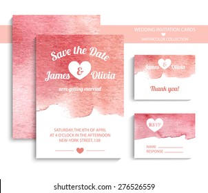 Vector set of invitation cards with watercolor elements in vintage red and pink colors. Watercolor wedding collection. Invitation templates. Vector illustration EPS10.