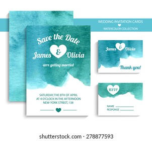 Vector set of invitation cards with watercolor elements in vintage blue and green colors. Watercolor wedding collection. Invitation templates. Vector illustration EPS10.