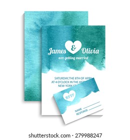 Vector set of invitation cards with watercolor elements in vintage blue and green colors. Watercolor wedding collection. Invitation templates. Vector illustration EPS10.