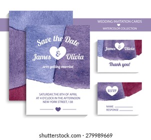 Vector set of invitation cards with watercolor polygonal elements in vintage blue, red and violet colors. Watercolor wedding collection. Invitation templates. Vector illustration EPS10.