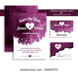 Vector set of invitation cards with watercolor elements in bright violet color. Watercolor wedding collection. Invitation templates. Vector illustration EPS10.