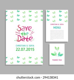 Vector set of invitation cards with watercolor flowers elements. Wedding collection