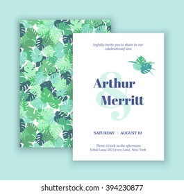 Vector set of invitation with handmade floral elements and exotic palm leaves. Modern Wedding Collection. Green, blue hipster invitation to the feast.