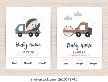Vector set of invitation templates with cute concrete mixer and roller.