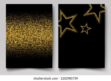 
Vector Set of invitation templates. Gold glitter particles and golden stars. Gold texture on black background
