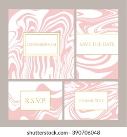 Vector set of invitations, save the date, flyer, banner, gift card with Ink marble texture, hand drawn marbling illustration. Template for wedding invitations, envelope, greeting card. 100% Vector