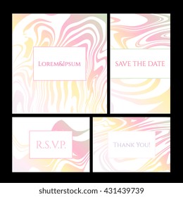 Vector set of invitations, save the date, flyer, banner, gift card with Ink marble texture, hand drawn marbling illustration. Template for wedding invitations, envelope, greeting card. 100% Vector
