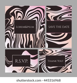 Vector set of invitations, save the date, flyer, banner, gift card with Ink marble texture, hand drawn marbling illustration. Template for wedding invitations, envelope, greeting card. 100% Vector