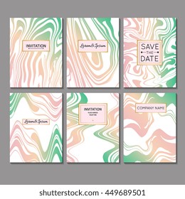 Vector set of invitations, save the date, flyer, banner, gift card with Ink marble texture, hand drawn marbling illustration. Template for wedding invitations, envelope, greeting card. 100% Vector