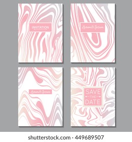 Vector set of invitations, save the date, flyer, banner, gift card with Ink marble texture, hand drawn marbling illustration. Template for wedding invitations, envelope, greeting card. 100% Vector