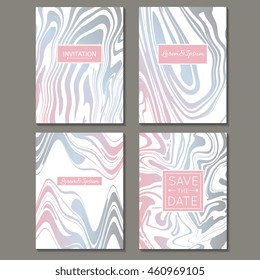 Vector set of invitations, save the date, flyer, banner, gift card with Ink marble texture, hand drawn marbling illustration. Template for wedding invitations, envelope, greeting card. 100% Vector