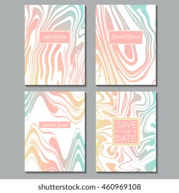 Vector set of invitations, save the date, flyer, banner, gift card with Ink marble texture, hand drawn marbling illustration. Template for wedding invitations, envelope, greeting card. 100% Vector