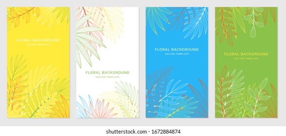 Vector set of invite templates. Colorful backgrounds with space for text and plants. Design for social media stories, banner, greeting card, invitation, poster and advertising.