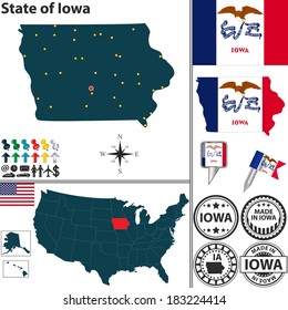 Vector set of Iowa, state with flag and icons on white background