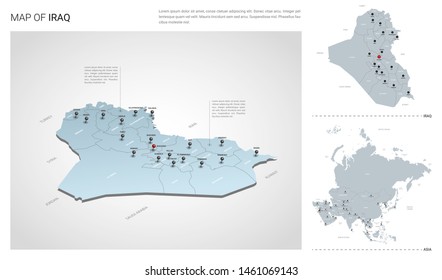 Vector set of Iraq country.  Isometric 3d map, Iraq map, Asia map - with region, state names and city names. 