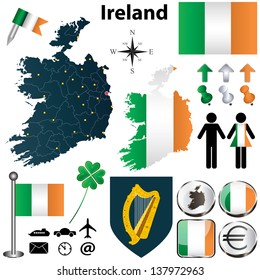 Vector set of Ireland country with flags and buttons on white background