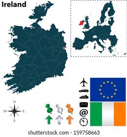 Vector set of Ireland country shape with flags, icons isolated and European Union
