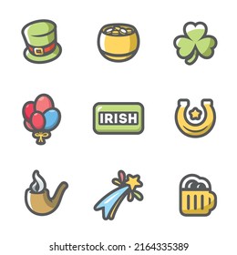 Vector Set of Ireland Icons. Irish country. Cylinder, Pot Gold, Clover, Balloons, Horseshoe, Pipe, Fireworks, Beer.