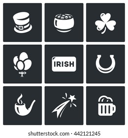 Vector Set of Ireland Icons. Irish country. Cylinder, Pot Gold, Clover, Balloons, Horseshoe, Pipe, Fireworks, Beer. St. Patricks Day