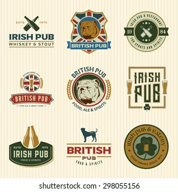 vector set of irish and british pub labels, badges and design elements