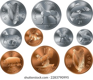 Vector set of Irish money Pre-decimal gold and silver coins Penny