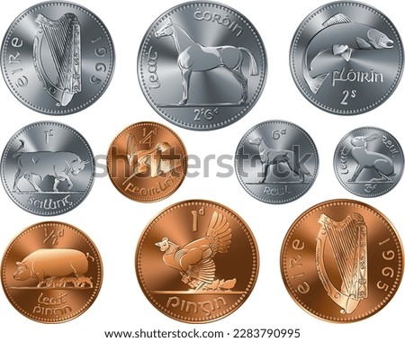 Vector set of Irish money Pre-decimal gold and silver coins Penny