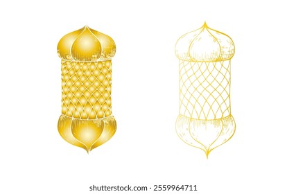 Conjunto de Vector de linternas doradas árabes islámicas. Ilustración gráfica aislada sobre fondo. Boceto de línea dibujado a mano musulmán, día festivo Ramadan Kareem o Eid Al Adha 2025. Para diseñadores, impresiones, postales