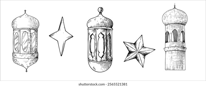 Vector set of Islamic arabian lanterns, stars. Graphic illustration isolated on background. Muslim hand drawn line sketch, holiday Ramadan Kareem or Eid Al Adha 2025. For designers, prints, postcards
