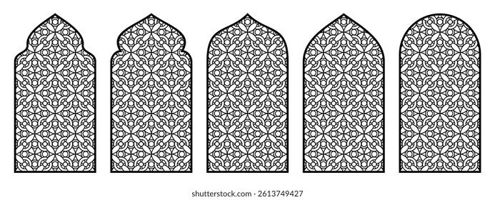 Vector set of Islamic geometric arabesque patterns with intricate openwork, tracery, and fretwork designs, ideal for laser cut, CNC templates, decorative panels, and Islamic art.