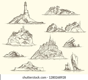 Vector set island sketches isolated beige background in retro style  Pencil drawings the Islands and rocks  fortresses  buildings  lighthouse  Nautical theme