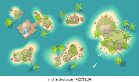 Vector set. Islands top view. Tropical islands of various shapes and terrain. (view from above) 