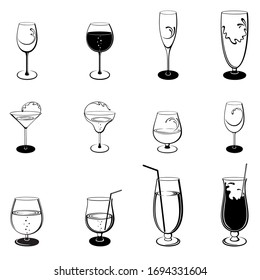 Vector set of isolated, abstract, stylized outline stemware and glasses on white background. Illustration for design.