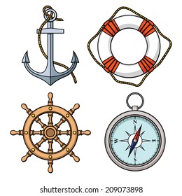 Vector set with isolated anchor, lifebuoy, ship's wheel, compass