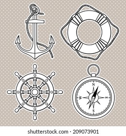 Vector set with isolated anchor, lifebuoy, ship's wheel, compass. Black and white