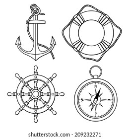 Vector set with isolated anchor, lifebuoy, ship's wheel, compass. Black and white