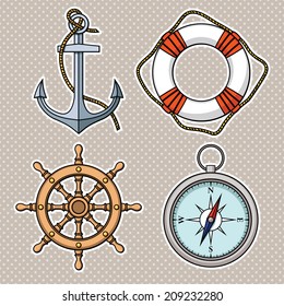 Vector set with isolated anchor, lifebuoy, ship's wheel, compass