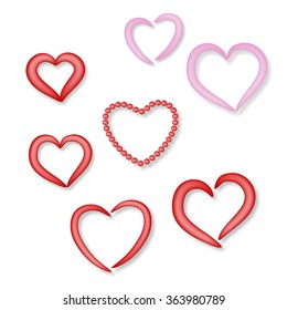 Vector set of isolated art contours of hearts with shadows in red and pink on a white background. Eps 10.