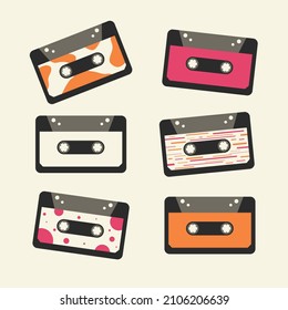 Vector set of isolated audio cassette tapes illustrations on a light background. Retro music cassettes with different colorful design collection