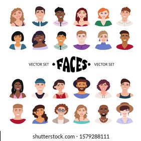 Vector set with isolated avatars on white background. Smiling faces of young men and women. Cartoon characters of multiracial people for use in your design