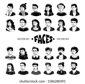 Vector set with isolated avatars of people on white background. Cartoon characters, smiling faces of young men and women