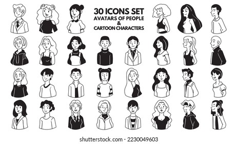 Vector set with isolated avatars of people on white background. Cartoon characters, smiling faces of young men and women