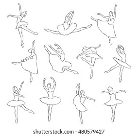 Vector set of isolated ballet dancers silhouettes on white background