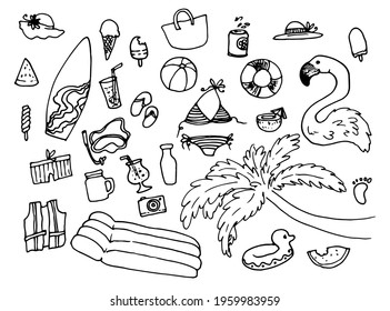 Vector set of isolated beach holiday elements black line drawn by hand in doodle style. large set of vacation swimwear, palm tree, mattress, food, cocktails and flamingos for summer design template