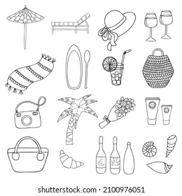 Vector set with isolated beach illustrations: parasol, lounger, hat, wine glasses, towel, sup, paddle, cocktail, basket, camera, palm, flower, sunscreen, bag, croissant, bottles, shells. Graphic eleme