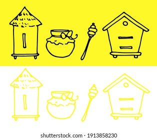 Vector set of isolated beekeeping elements bee houses, honey pot and honey spoon outlines in different colors of yellow and black. horizontal beehive stripe for design template